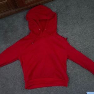 Red cropped hoodie.